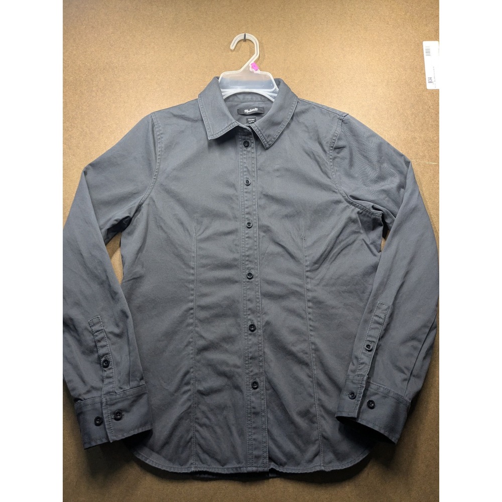 Madewell Women Fitted Button Down Shirt Size 8 Gray Cotton Twill Long Sleeve